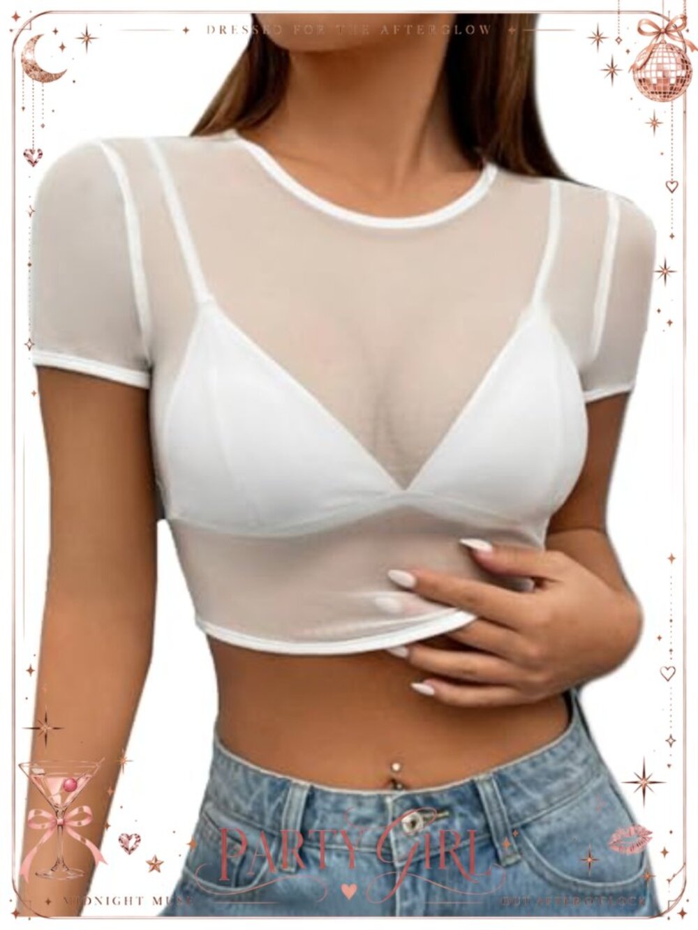 Mesh Sheer Crop Top Short Sleeve Round Neck Stretch Blouse